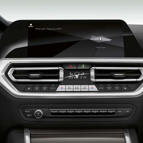 BMW 3 Series Sedan, BMW Intelligent Personal Assistant Close-up of the cockpit display with BMW Intelligent Personal Assistant of the BMW 3 Series Sedan.