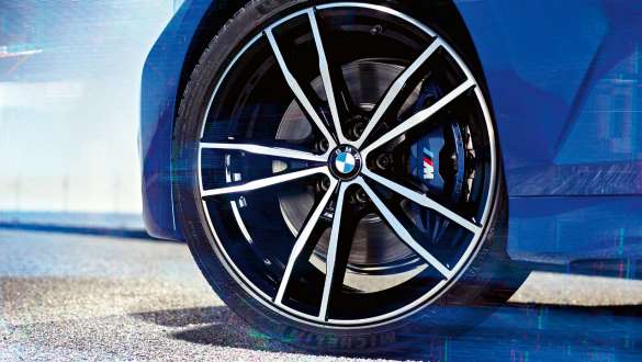 BMW 3 Series Sedan, M Sport brake. Detailed view of the wheel oft he BMW 3 Series Sedan with M Sport brake.