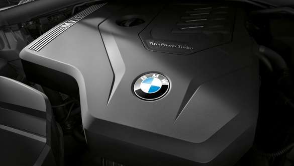 BMW 3 Series Sedan, BMW TwinPower Turbo 4-cylinder petrol engine. Close-up view of the BMW TwinPower Turbo 4-cylinder petrol engine in the BMW 3 Series Sedan.