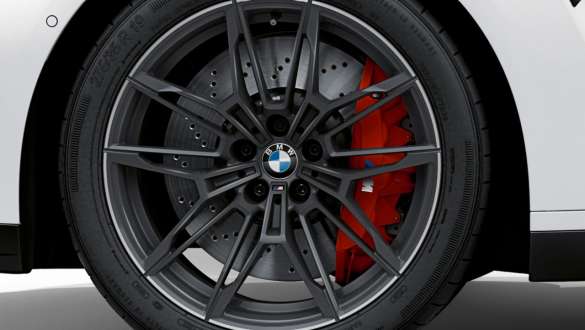 M Compound brake, Red high-gloss BMW M3 Competition Sedan 2020 close-up wheel