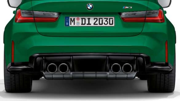 Tailpipe finishers in Chrome BMW M3 Sedan G80 2020 BMW M3 Sedan G80 2020 Isle of Man Green tailpipe finishers in Chrome rear view