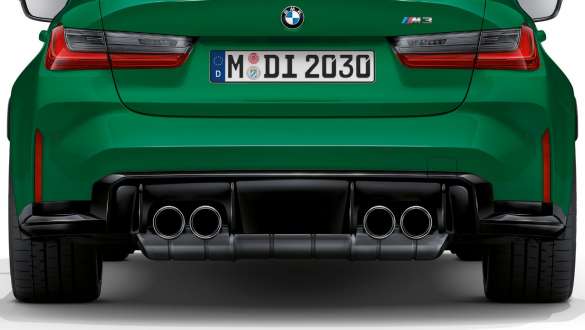 Tailpipe finishers in Chrome BMW M3 Sedan G80 2020 BMW M3 Sedan G80 2020 Isle of Man Green tailpipe finishers in Chrome rear view