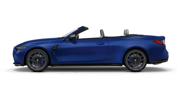 Side design BMW M4 Competition Cabriolet with M xDrive G83 2021 BMW M4 Cabrio Competition with M xDrive G83 2021 BMW Individual Frozen Portimao Blue metallic side view