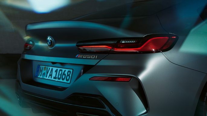 BMW M850i xDrive Gran Coupé close-up rear BMW M850i xDrive Gran Coupé 2019 Frozen Bluestone metallic tail lights