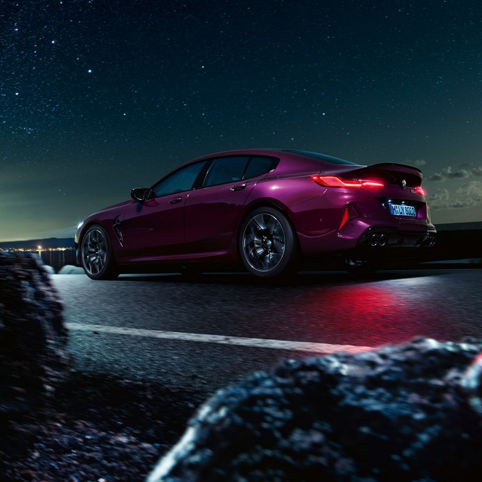 BMW M8 Competition Gran Coupé side view BMW M8 Competition Gran Coupé 2020 Ametrine metallic side view at night.