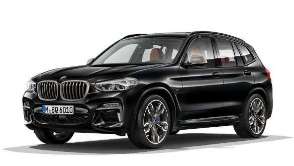 BMW X3 M40i, three-quarter front view. BMW X3 M40i in Black Sapphire metallic, exterior, three-quarter front view.