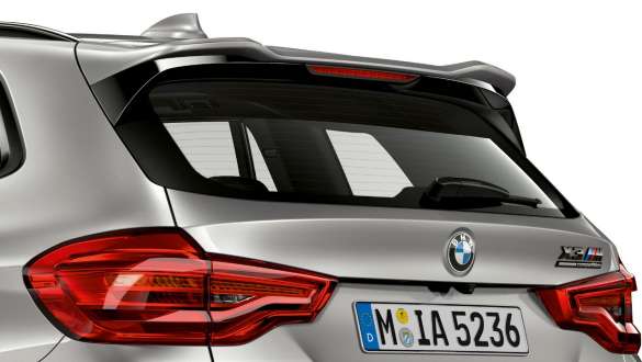 BMW X3 M Competition, M specific roof spoiler. BMW X3 M Competition in Donington Grey metallic, exterior, M specific roof spoiler.
