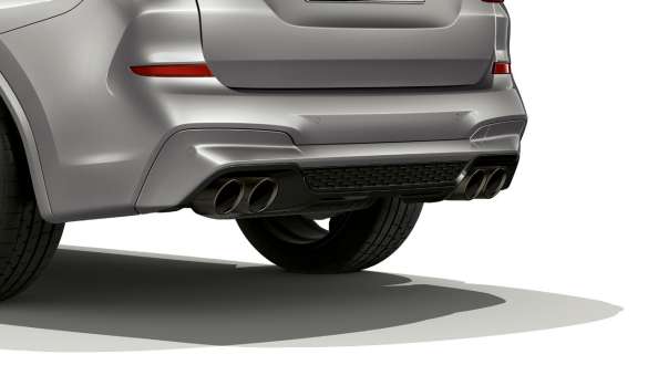 M Sport exhaust system. BMW X3 M Competition in Donington Grey metallic, exterior, rear view with M Sport exhaust system.