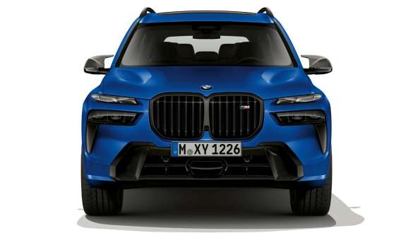 BMW X7 M60i xDrive G07 LCI Frozen Marina Bay Blue vue avant à l'arrêt BMW X7 M60i xDrive G07 LCI Frozen Marina Bay Blue vue avant à l'arrêt