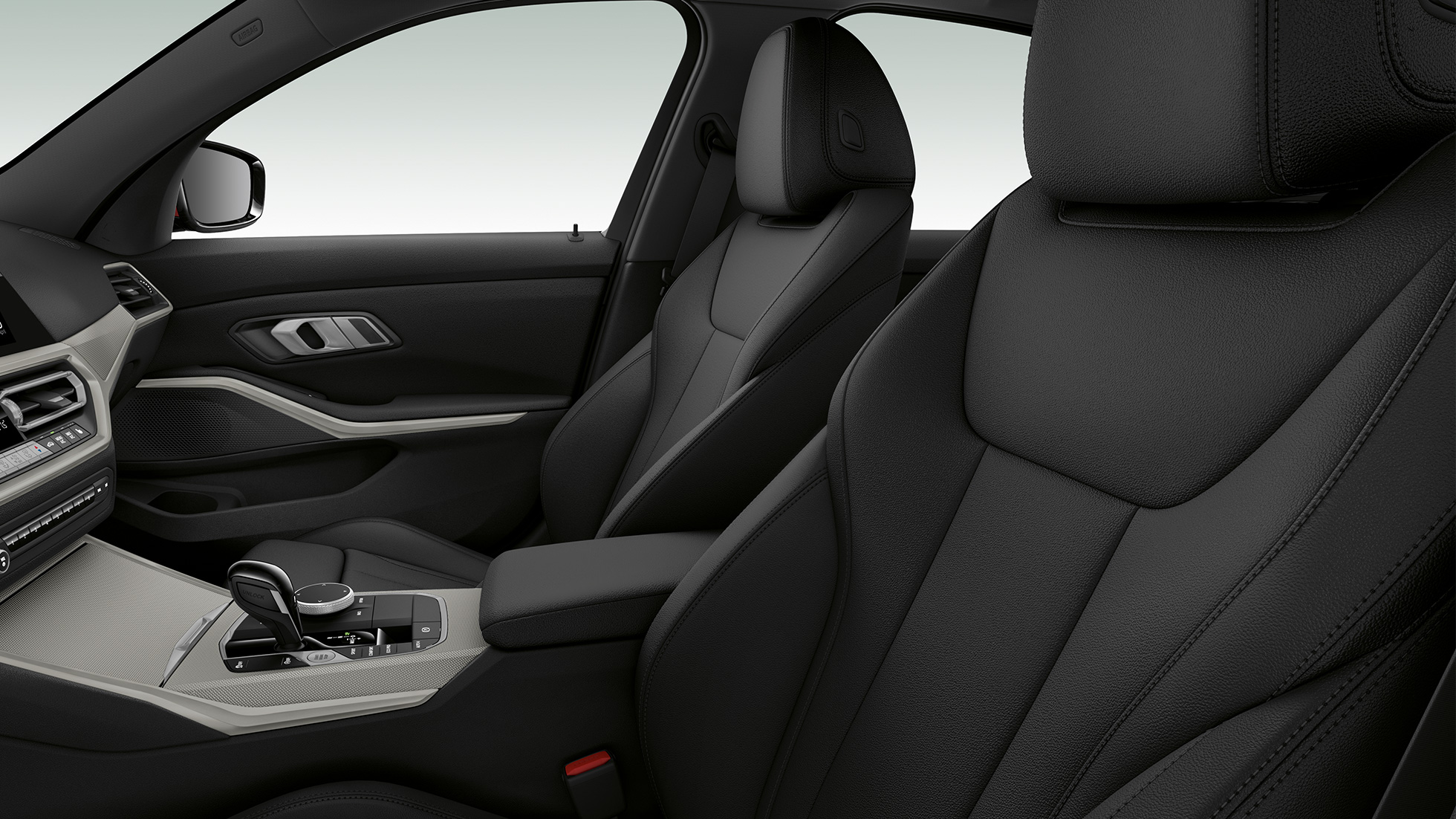 BMW 3 Series Sedan, Model Advantage front seats Side close-up of the front seats of the BMW 3 Series Sedan with model Advantage features.