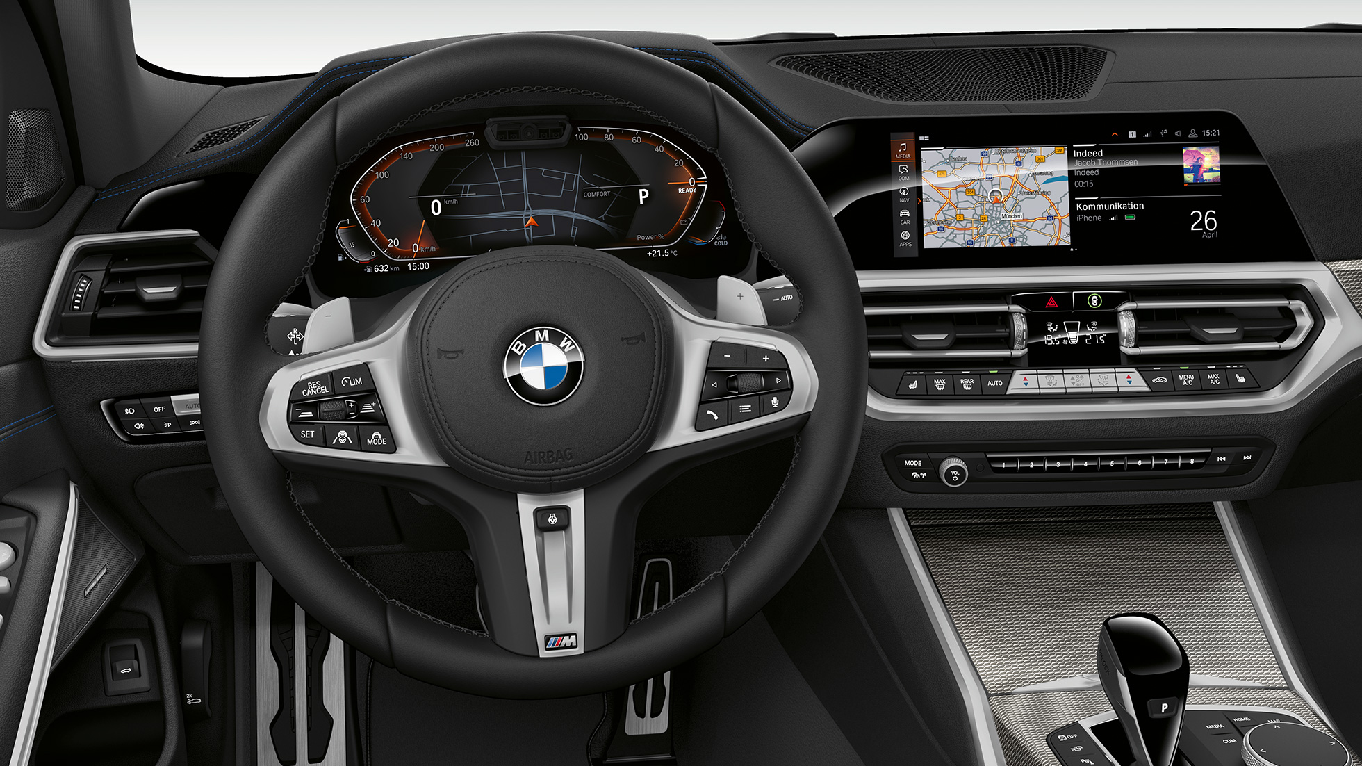 BMW 3 Series Sedan, Model Sport Line Cockpit Frontal close-up of the driver's cockpit of the BMW 3 Series Sedan with Sport Line features.