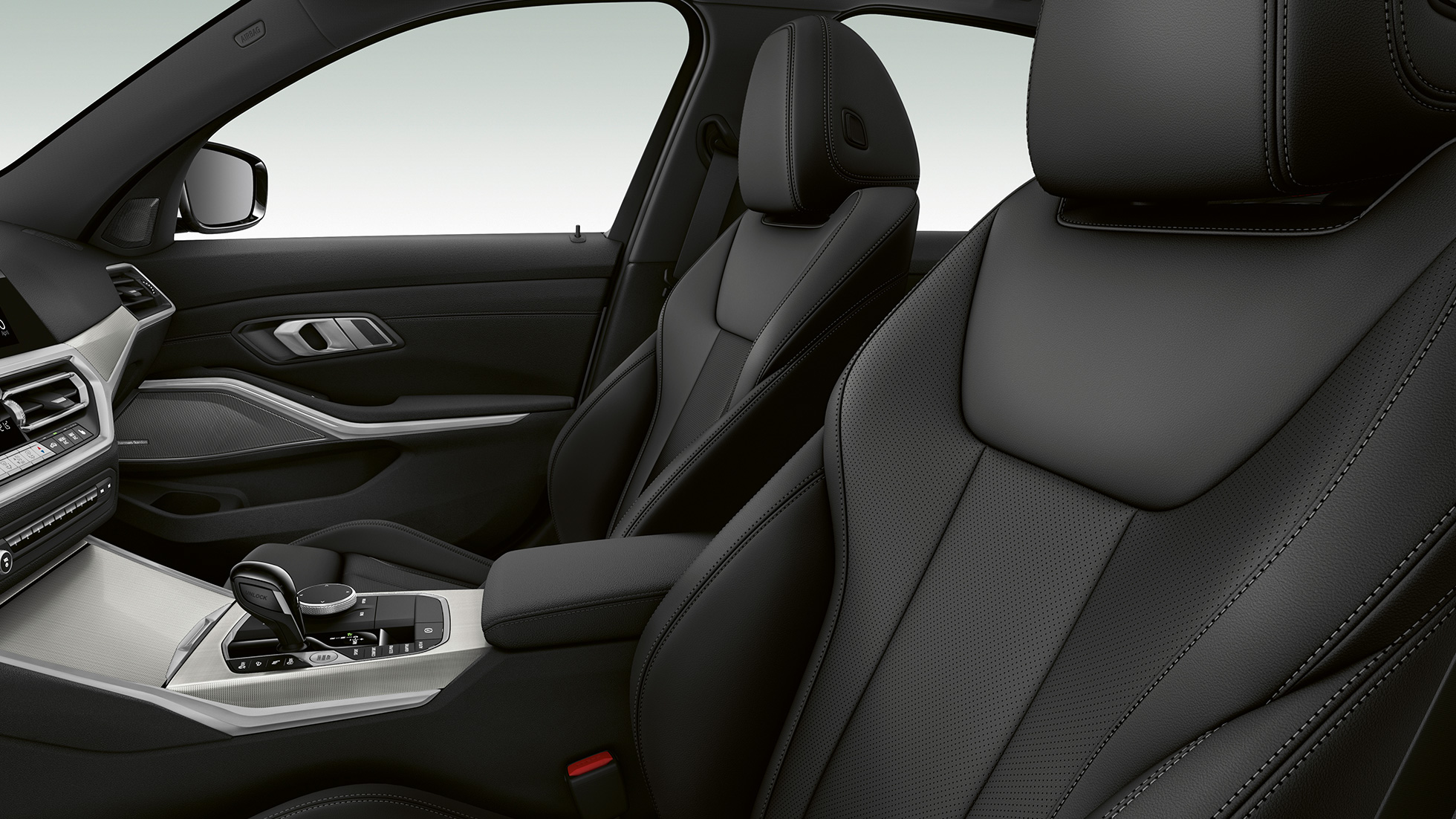 BMW 3 Series Sedan, Sport Line front seats Side close-up of the front seats of the BMW 3 Series Sedan with Sport Line features.