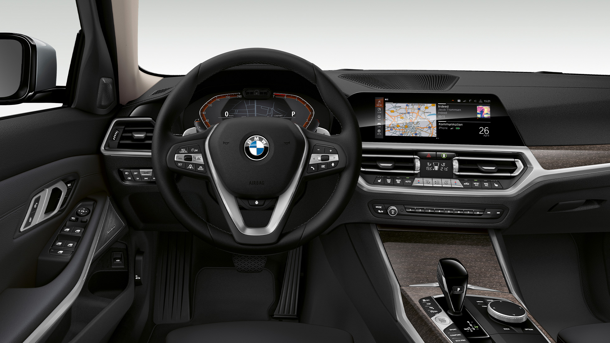BMW 3 Series Sedan, Modell Luxury Line Cockpit Frontal close-up of the driver's cockpit of the BMW 3 Series Sedan with Model Luxury Line features.