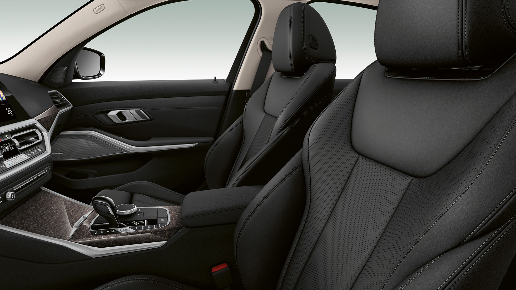 BMW 3 Series Sedan, Modell Luxury Line front seats Side close-up of the front seats of the BMW 3 Series Sedan with Model Luxury Line features.