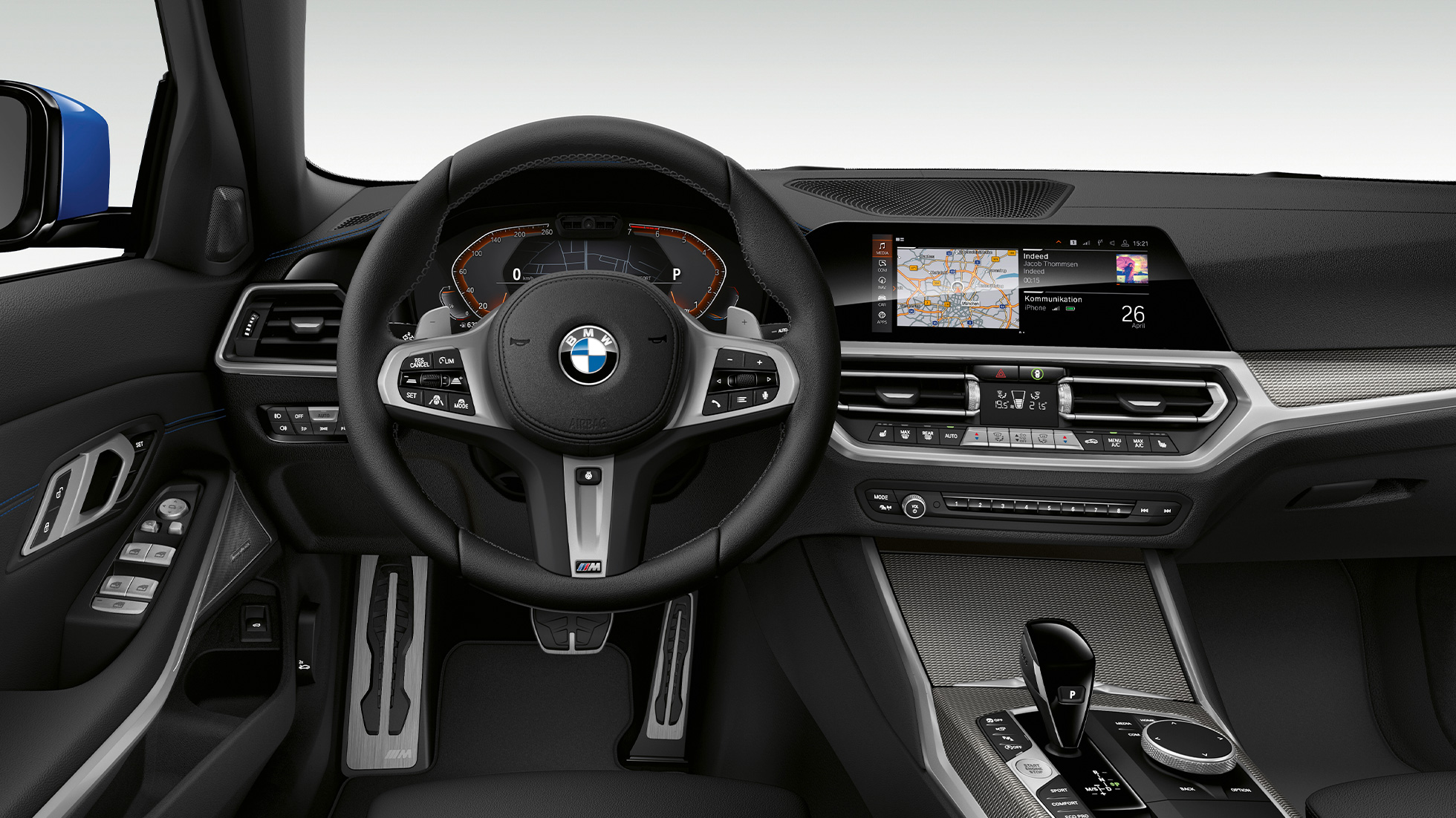 BMW 3 Series Sedan, Model M Sport Cockpit Frontal close-up of the driver's cockpit of the BMW 3 Series Sedan with M Sport package features.