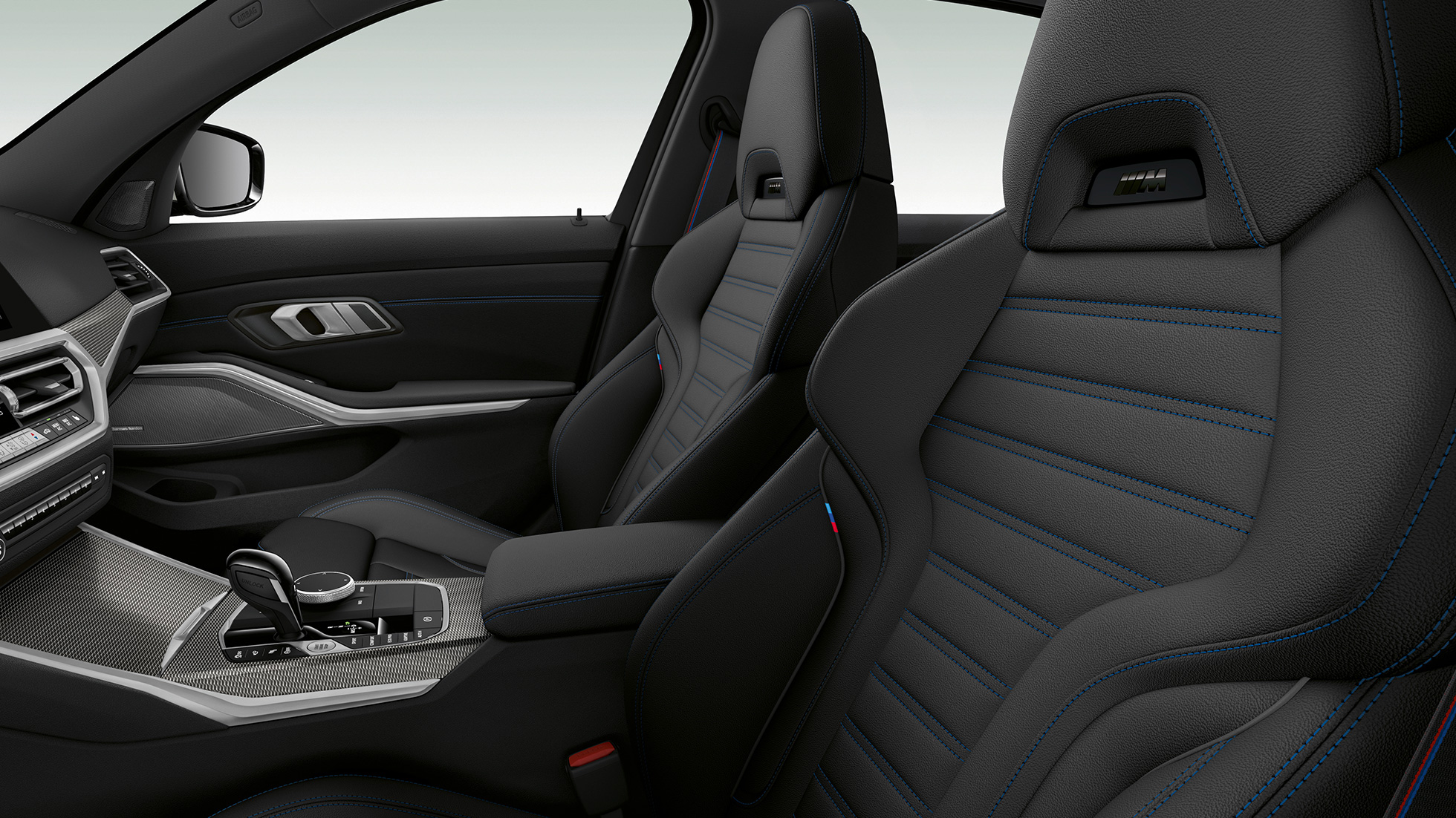 BMW Série 3 Berline, sièges avant du Kit M Sport Gros plan latéral des sièges avant de la BMW Série 3 Berline, dotée de l’équipement du Kit M Sport.