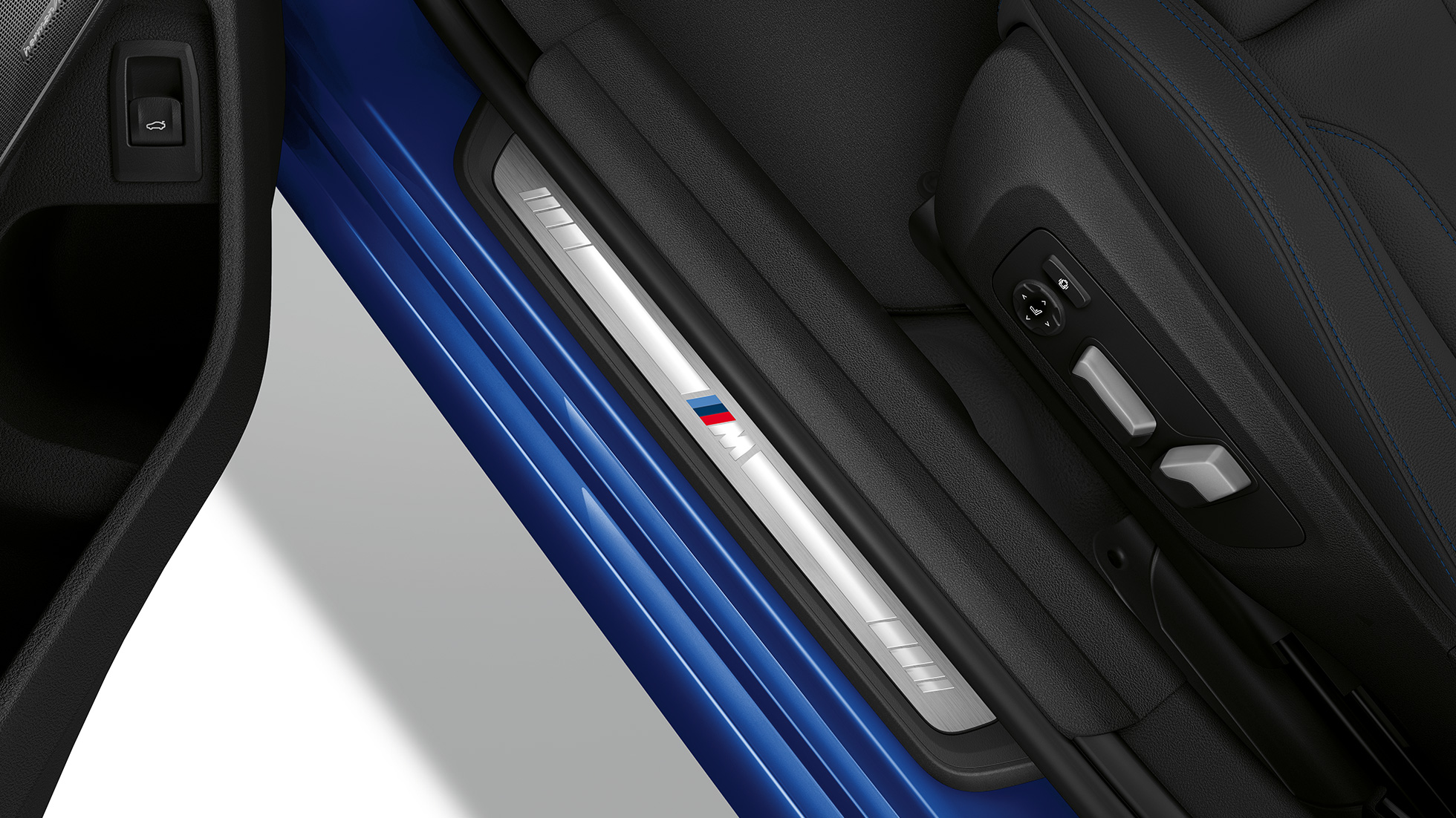 BMW 3 Series Sedan, M Sport package entry sill Top view of the door sill of the BMW 3 Series Sedan with Model M Sport features.