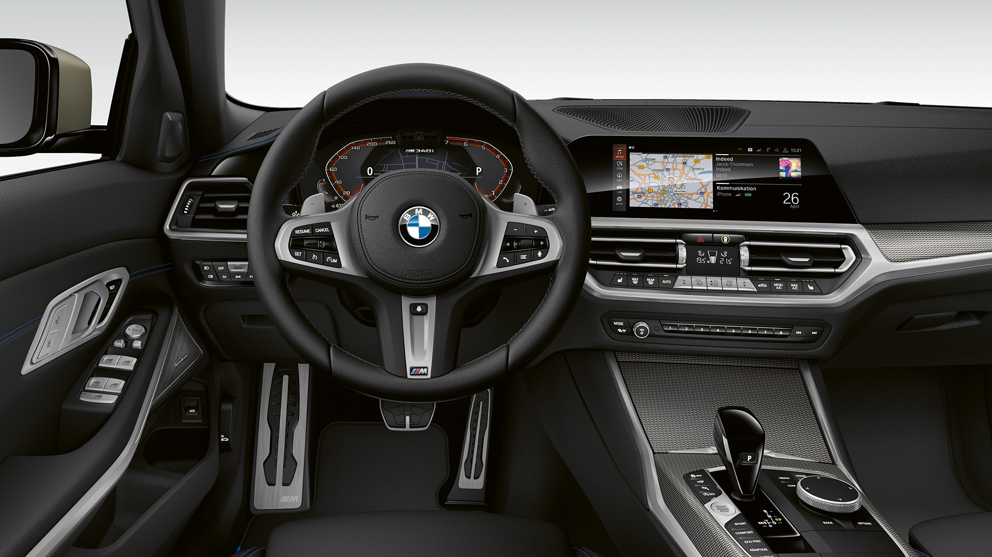 BMW 3 Series Sedan, M340i xDrive Cockpit. Frontal close-up of the driver's cockpit of the BMW 3 Series M340i xDrive Sedan.
