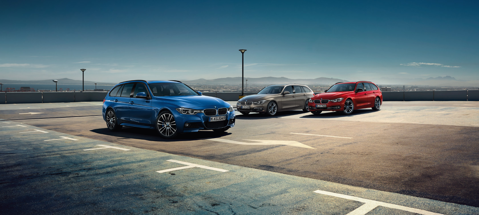 BMW 3 Series: blue, grey and red car showcase. BMW 3 Series: blue, grey and red car showcase.