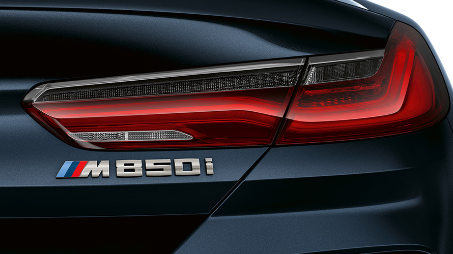 Close-up of the M850i emblem on the rear.