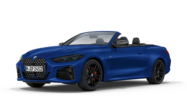 BMW M440i xDrive Cabrio G23 2020 BMW Individual Frozen Portimao Blue metallic three-quarter front view 
