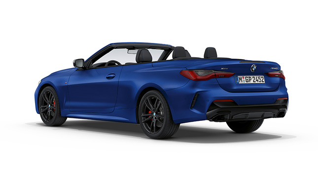 BMW M440i xDrive Cabrio G23 2020 BMW Individual Frozen Portimao Blue metallic three-quarter rear view 