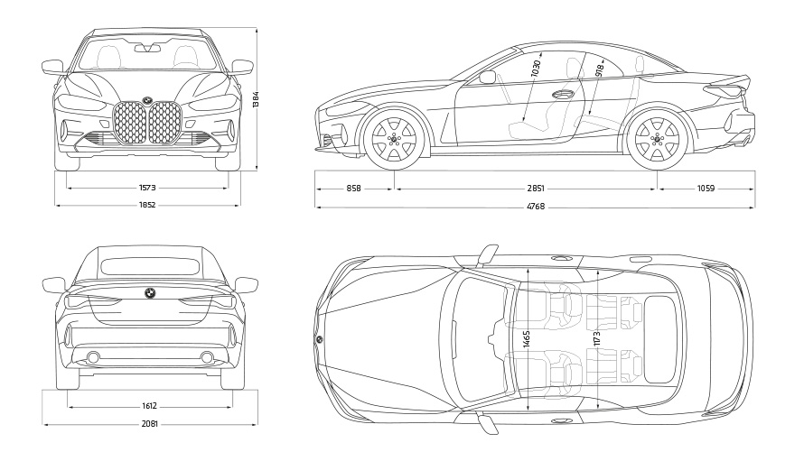 Three-quarter rear view BMW M440i xDrive Convertible G23 2020 BMW M440i xDrive Convertible G23 2020 BMW Individual Frozen Portimao Blau metallic three-quarter rear view with model