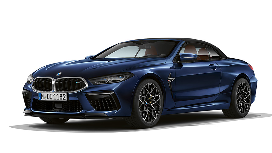 BMW M8 Convertible F91 LCI Facelift 2022 BMW Individual tanzanite blue metallic three-quarter front view