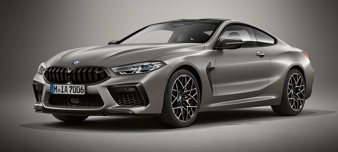 BMW Individual M8 Coupé in BMW Individual Dravit Grey metallic. BMW Individual M8 Coupé in BMW Individual Dravit Grey metallic, three-quarter front view.