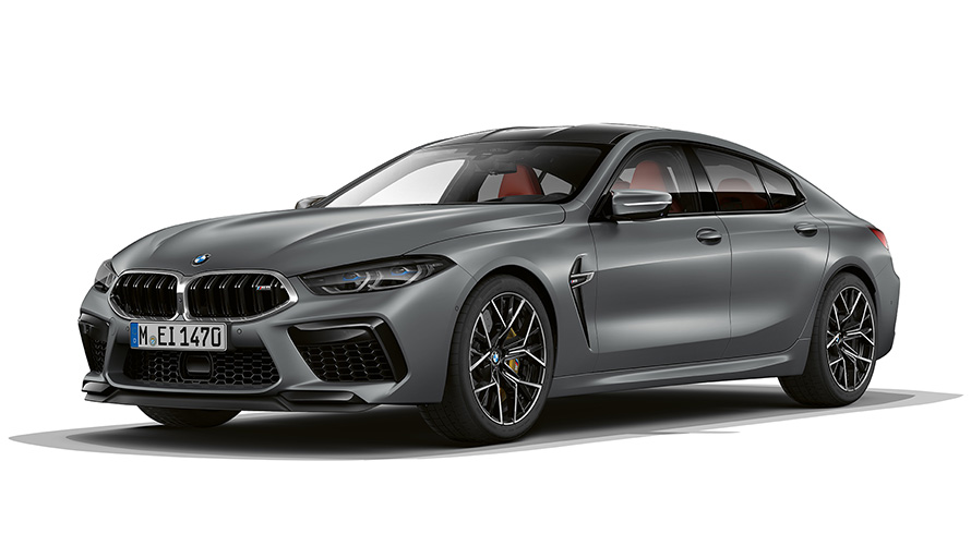 The new BMW M8 Gran Coupé F93 LCI Facelift 2022 BMW Individual Frozen Pure Grey metallic three-quarter front view