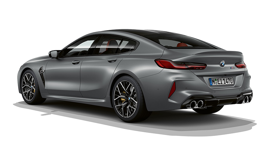 The new BMW M8 Gran Coupé F93 LCI Facelift 2022 BMW Individual Frozen Pure Grey metallic three-quarter rear view 