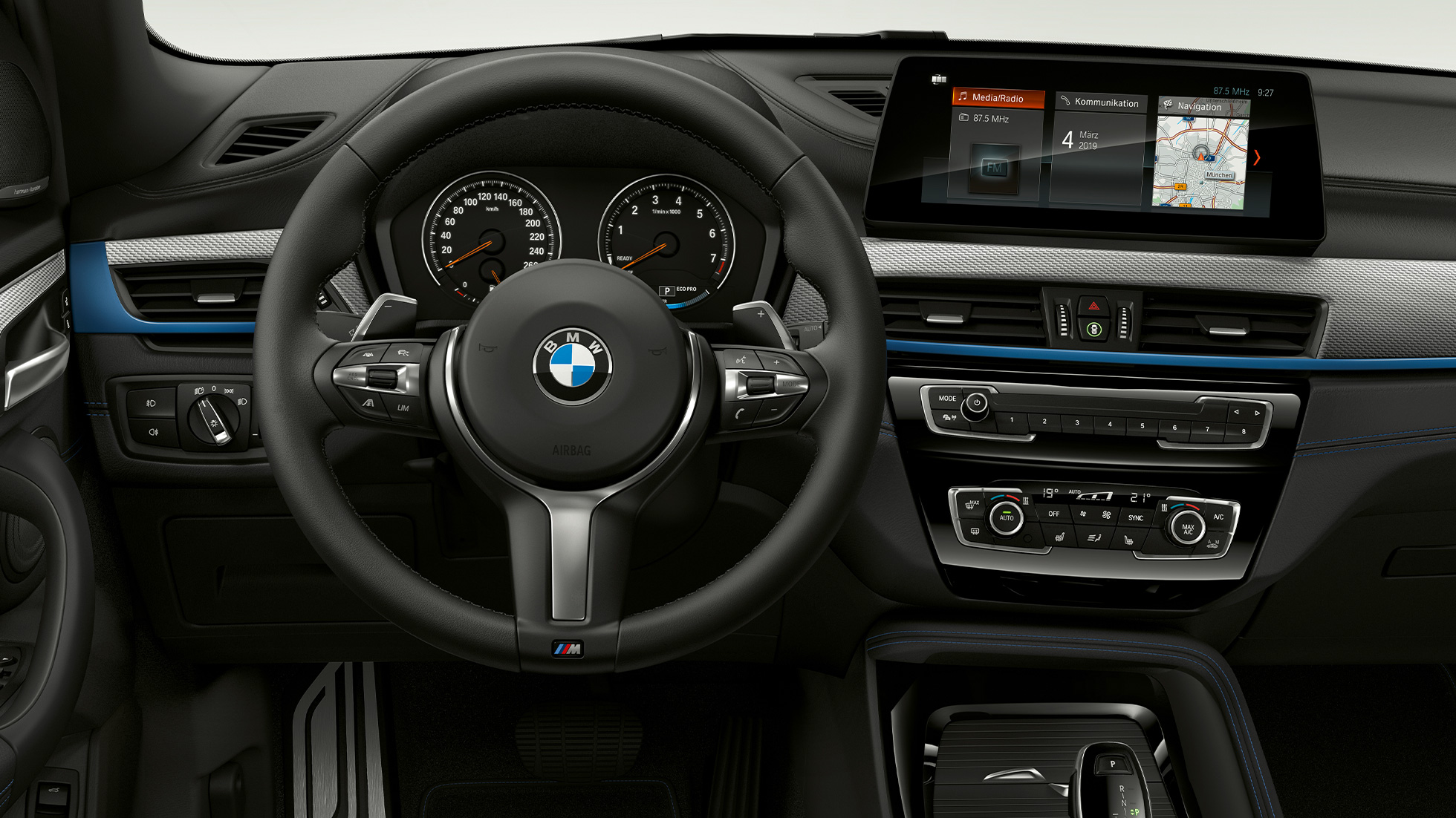 BMW X1, Model M Sport, interior. BMW X1, Model M Sport, interior with focus on cokpit.