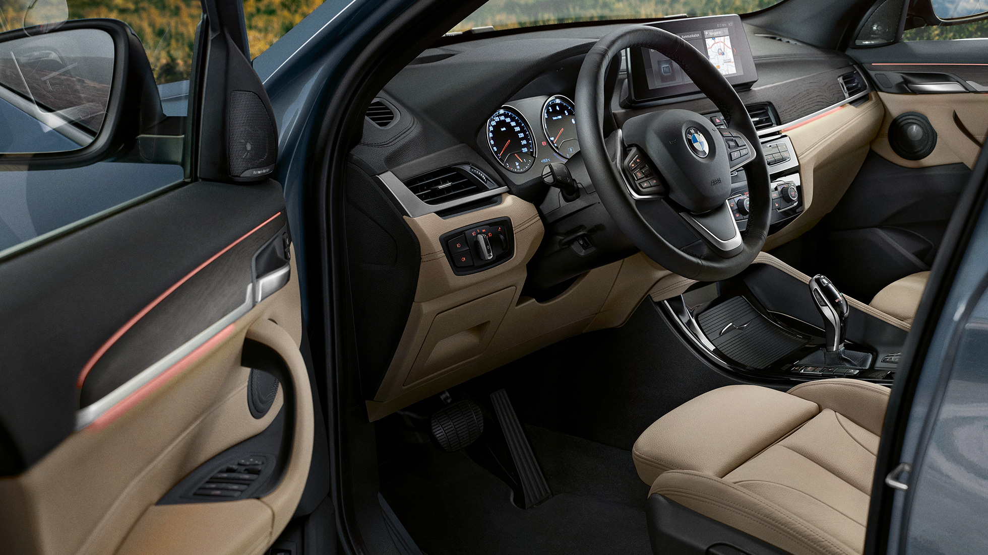 BMW X1, Interior. BMW X1, interior with focus on multifunctional sterring wheel.