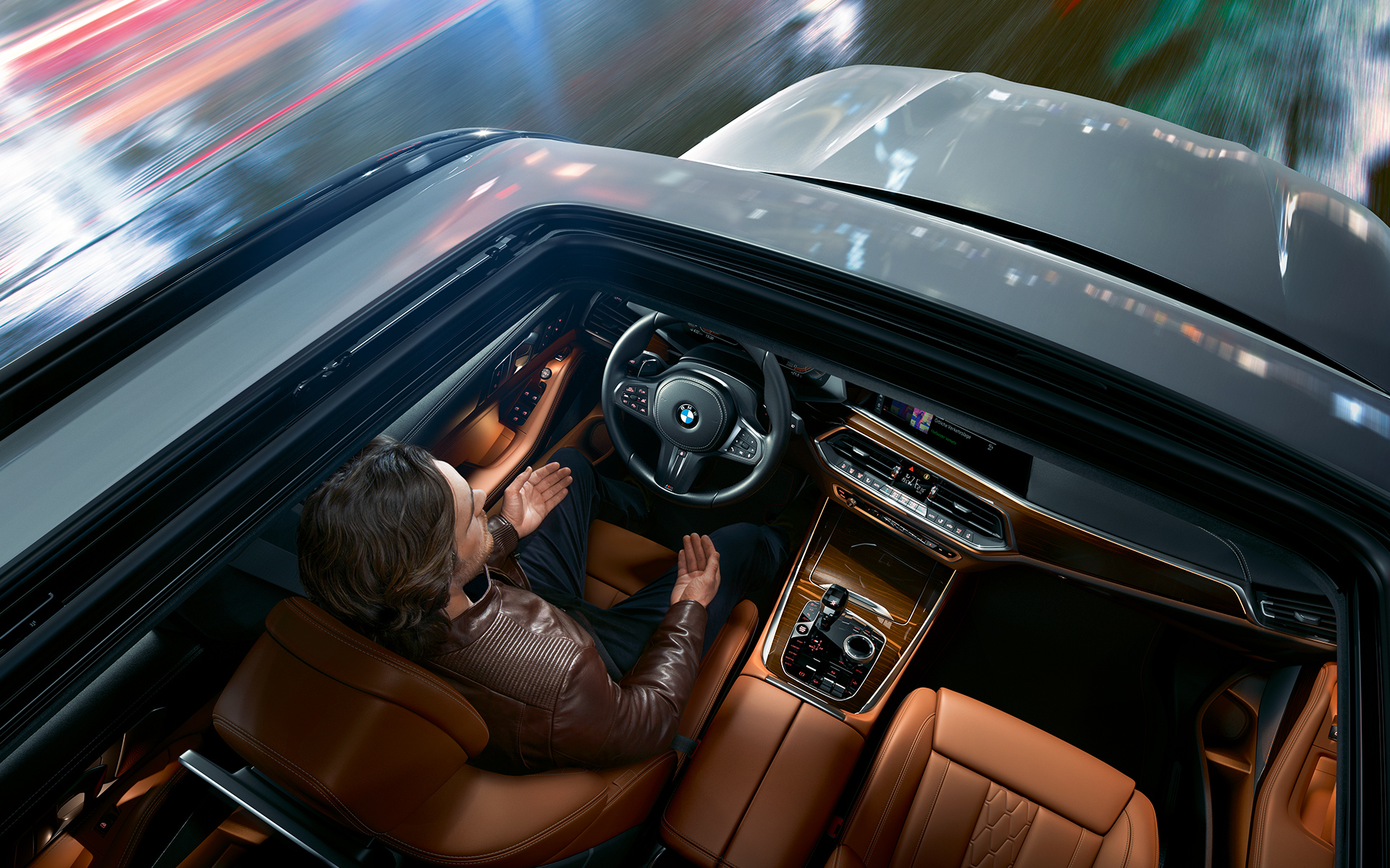 BMW X5 Panorama glass roof Shot of the BMW X5 interior taken from above through the Panorama glass roof