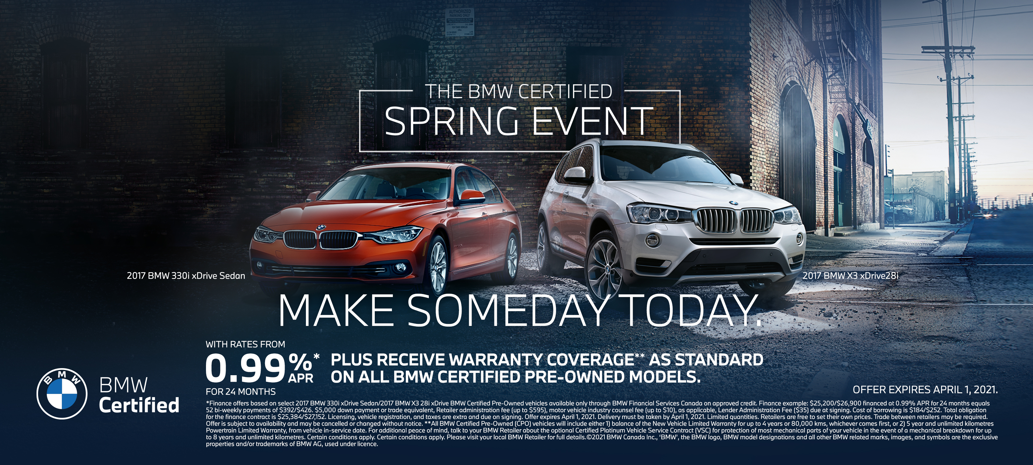 2016 BMW X5. Rates as low as 0.99% APR* for 24 months. Pre-ownership has its perks. Offer ends March 1, 2021. *Rates as low as 0.99% APR for 24 months on select BMW Certified Pre-Owned 2016-2017 BMW X5 Models applicable to finance through BMW Financial Services Canada on approved credit. Offer may be combinable with certain other programs. Finance example: $35,000 financed at 0.99% APR for 24 months equals 52 bi-weekly payments of $583.00. $5,000 down payment or trade equivalent, Retailer administration fee (up to $595), OMVIC ($10)/AMVIC ($6.25), as applicable, Lender Administration Fee ($35) due at signing. Cost of borrowing is $354. Total obligation for finance contract is $35,354. A fee associated with PPSA registration, licensing, vehicle registration, and taxes are extra and due on signing. Offer expires March 1, 2021. Delivery must be taken by March 1, 2021. Limited quantities. Retailers are free to set their own prices. Trade between retailers may be required. Offer is subject to availability and may be cancelled or changed without notice. ©2020 BMW Canada Inc., “BMW”, the BMW logo, BMW model designations and all other BMW related marks, images and symbols are the exclusive properties and/or trademarks of BMW AG, used under license.