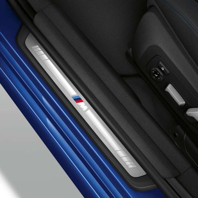 BMW 3 Series Sedan, M Sport package entry sill Top view of the door sill of the BMW 3 Series Sedan with Model M Sport features.